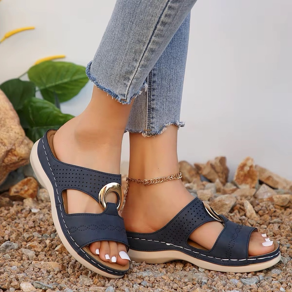 Henry Ferrera Navy Perforated Slide Sandals